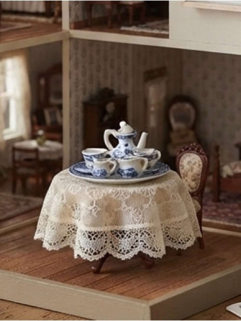 10pc Lot Miniature Mini Blue/White Gilded Porcelain TEA SET Teapot Sugar Creamer